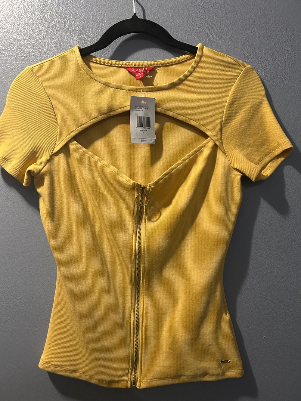 Guess Yellow Short-Sleeve Ribbed Zip Cutout Top